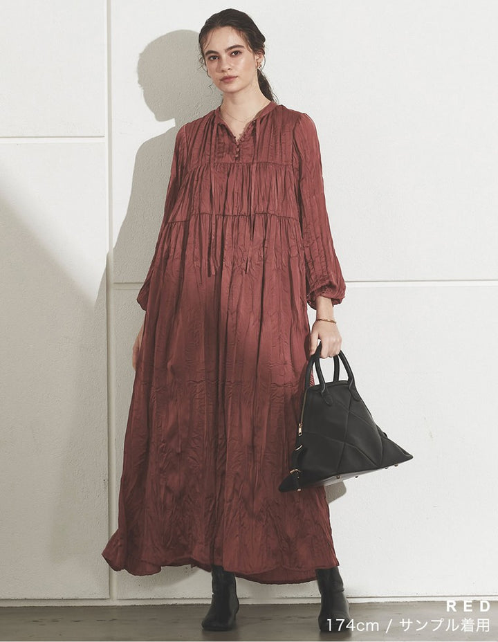 [低身長/高身長サイズ有]ヴィンテージサテンボリュームスリーブワッシャーワンピース ワンピース レディースファッション通販 リエディ