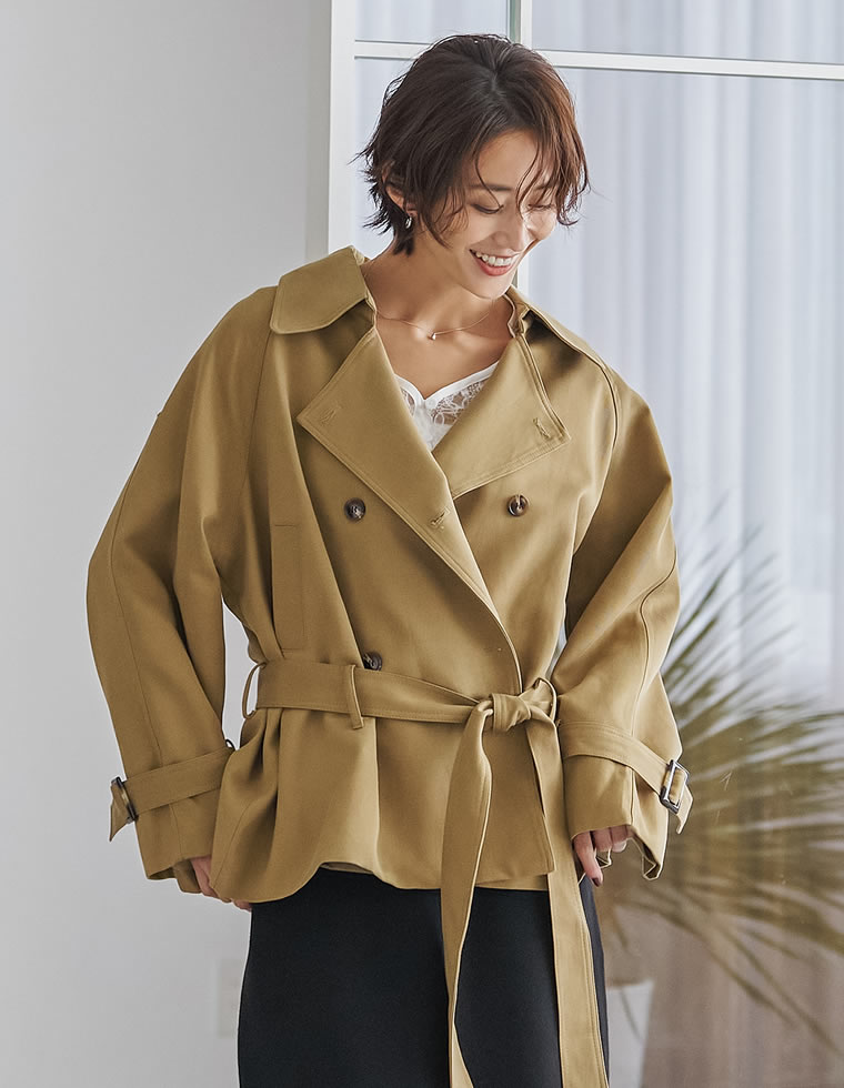 ウエストベルト付きショートトレンチジャケット
