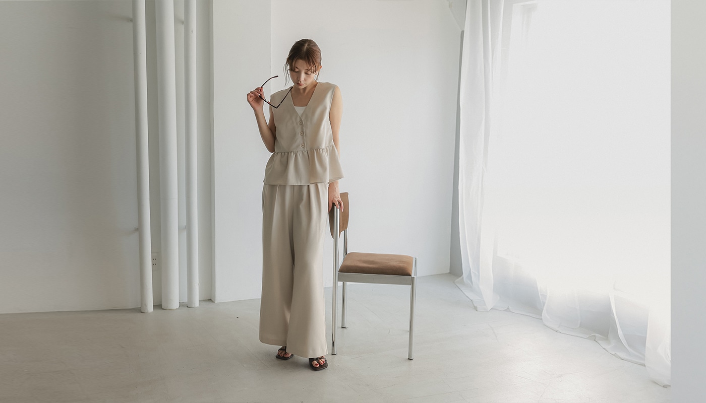 Airy Linen touch リネン風セットアップの着用イメージ