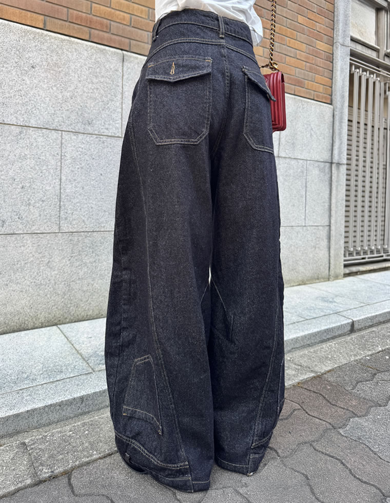 裾ウエストデザイン立体切替バレルデニム
