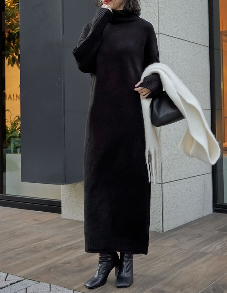 前後2WAYハイネック指穴マキシニットワンピース