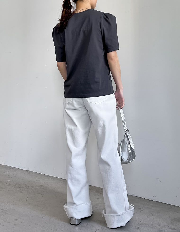 無地orボーダーパワショルデザインカットソーTシャツ