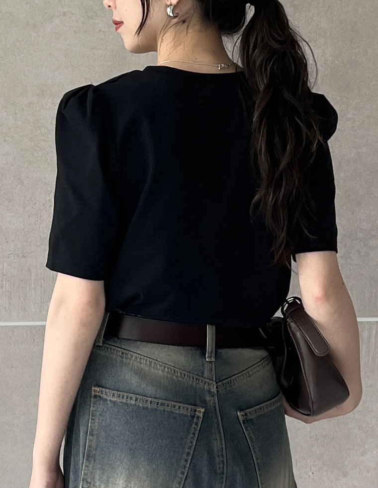 無地orボーダーパワショルデザインカットソーTシャツ
