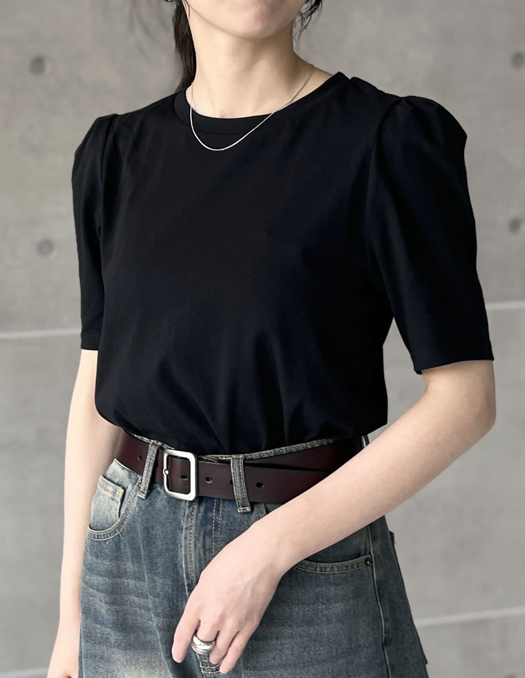 無地orボーダーパワショルデザインカットソーTシャツ