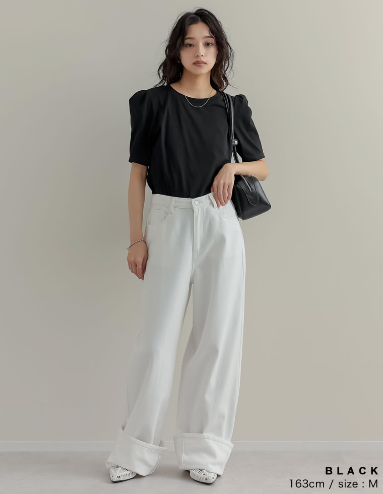 無地orボーダーパワショルデザインカットソーTシャツ