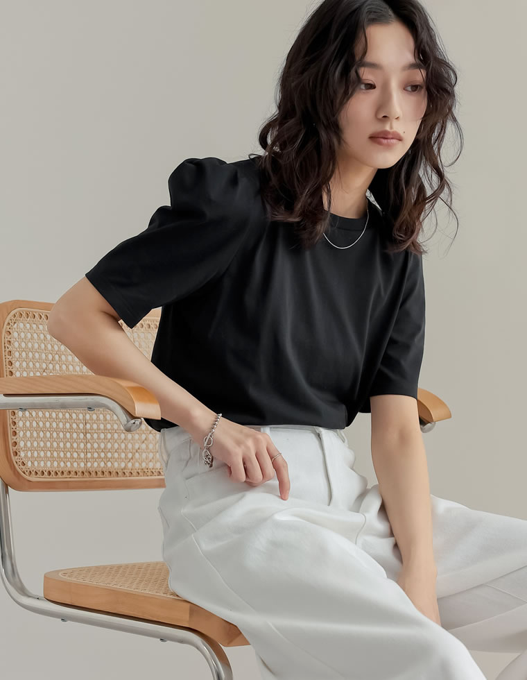 無地orボーダーパワショルデザインカットソーTシャツ