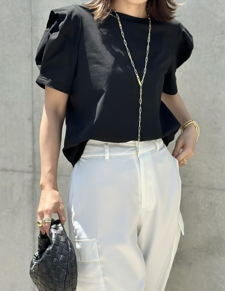 無地orボーダーパワショルデザインカットソーTシャツ