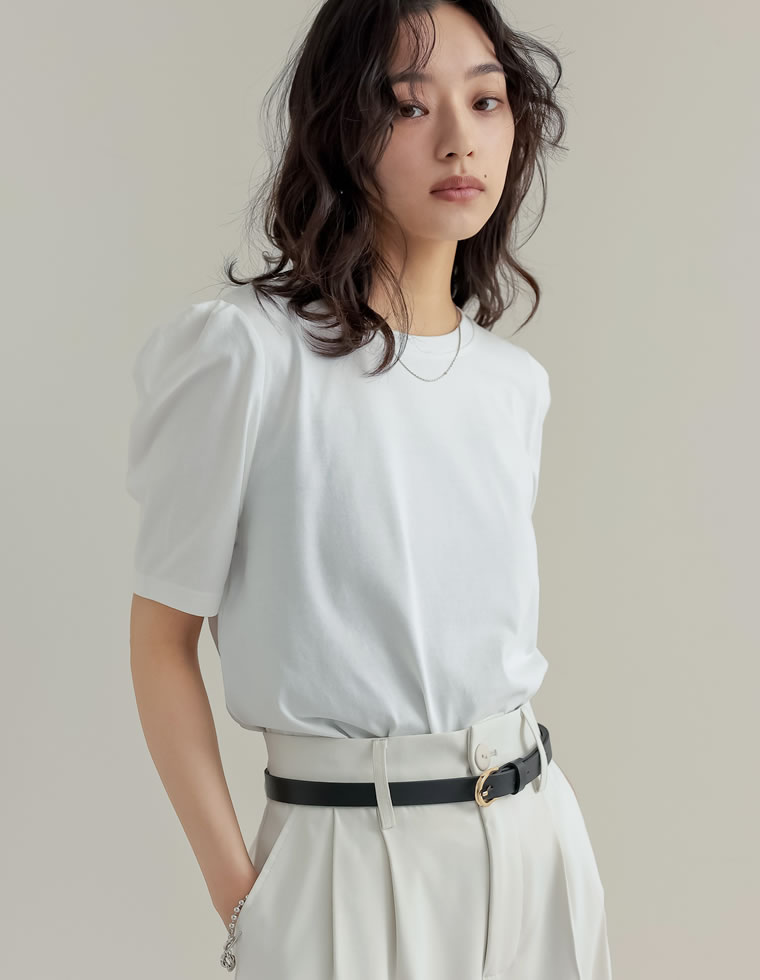 無地orボーダーパワショルデザインカットソーTシャツ