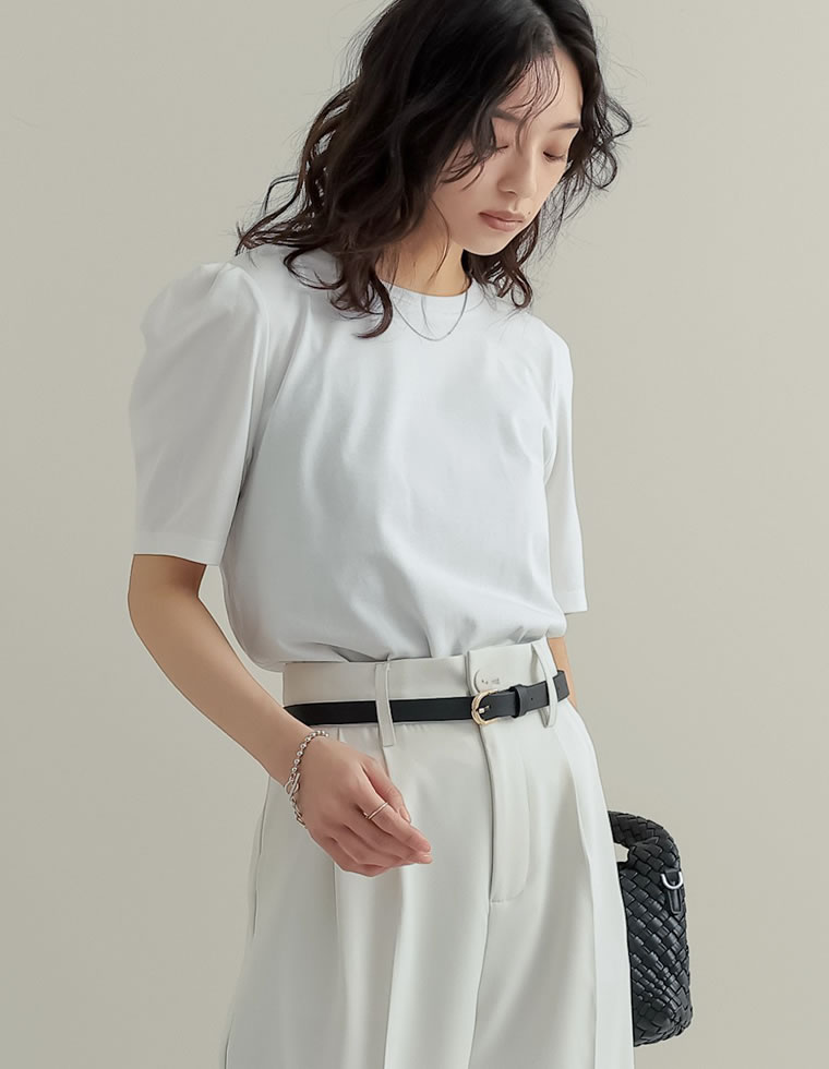 無地orボーダーパワショルデザインカットソーTシャツ