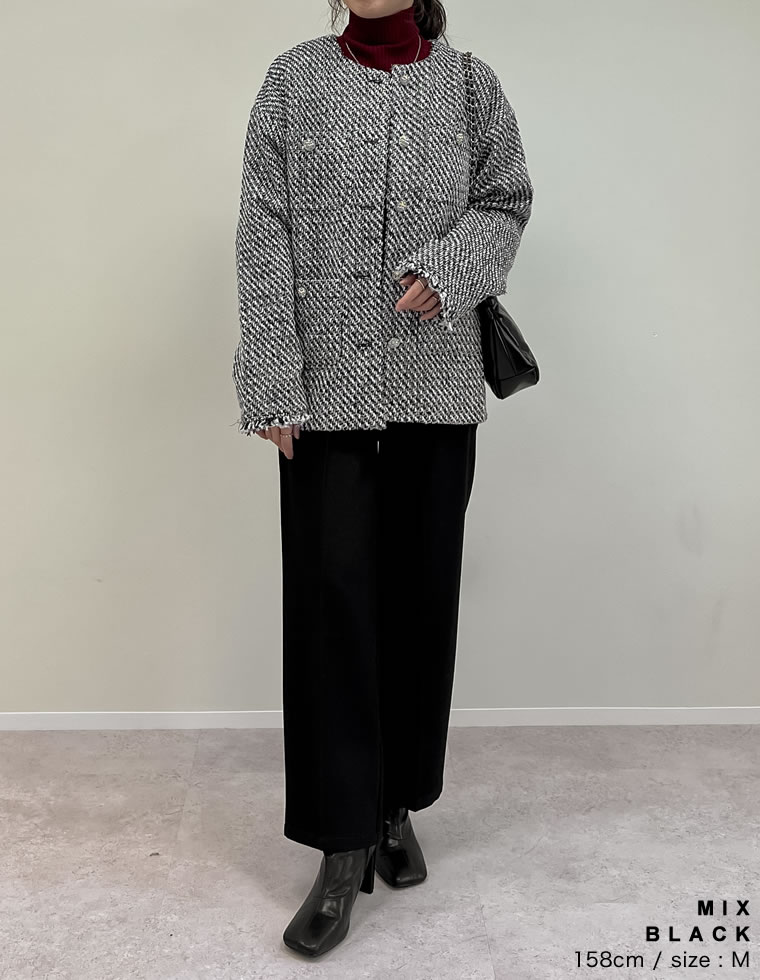 ツイードフリンジノーカラージャケット
