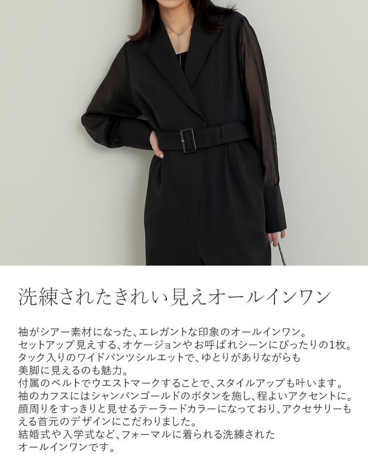 ベルト付きシアーボリュームスリーブオールインワン