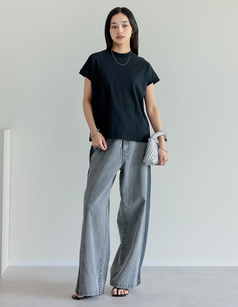 モックネックフレンチスリーブTシャツ