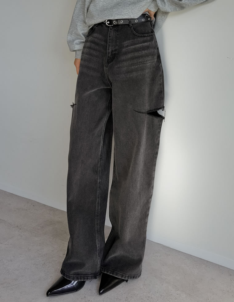 サイドスリットワイドストレートコットンデニムパンツ