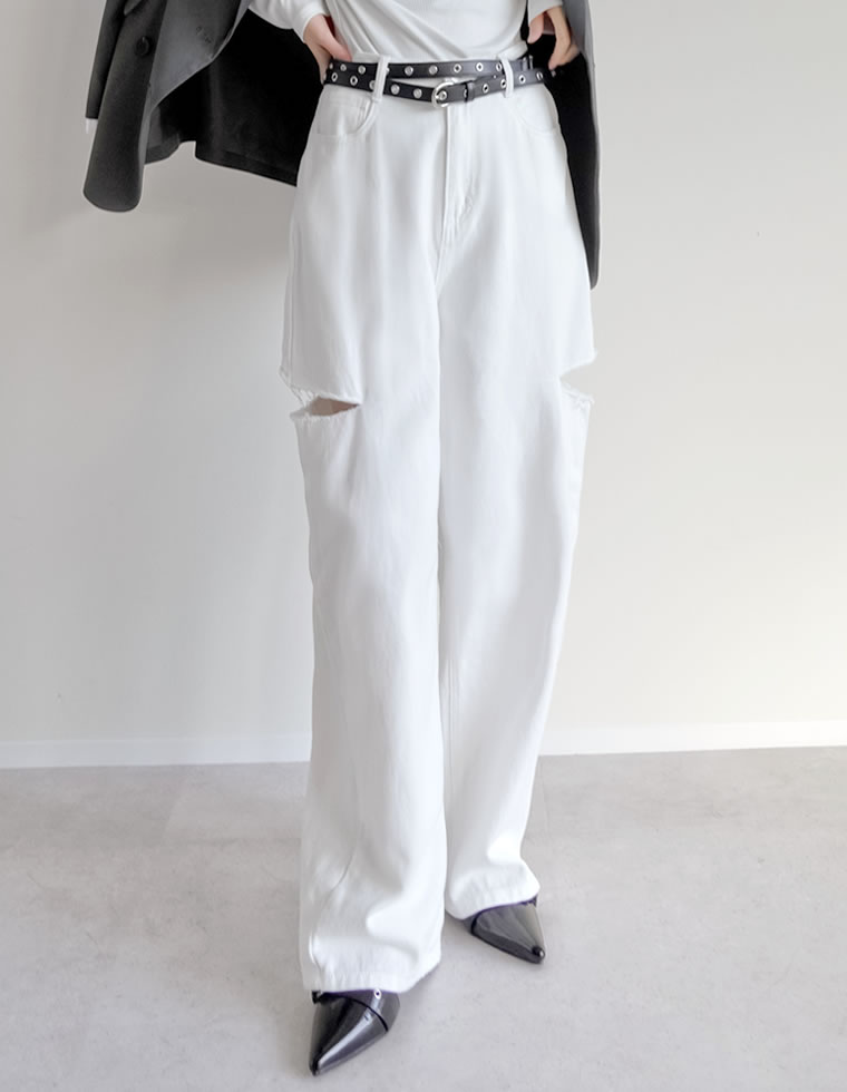 サイドスリットワイドストレートコットンデニムパンツ