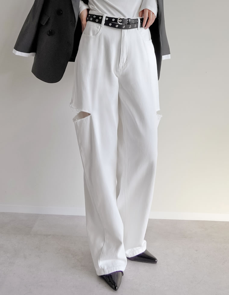 サイドスリットワイドストレートコットンデニムパンツ