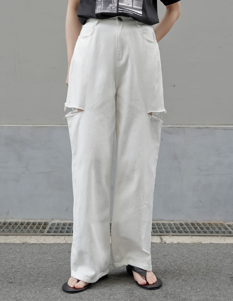 サイドスリットワイドストレートコットンデニムパンツ