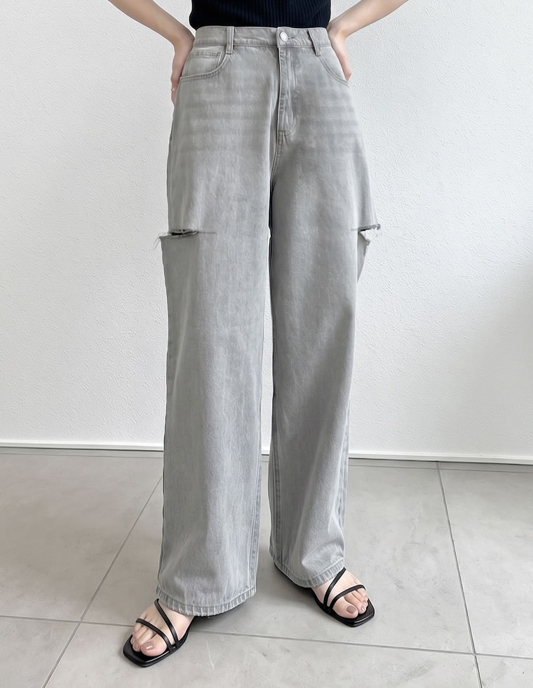 サイドスリットワイドストレートコットンデニムパンツ
