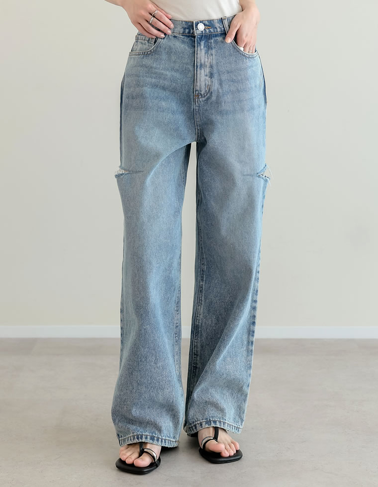 サイドスリットワイドストレートコットンデニムパンツ