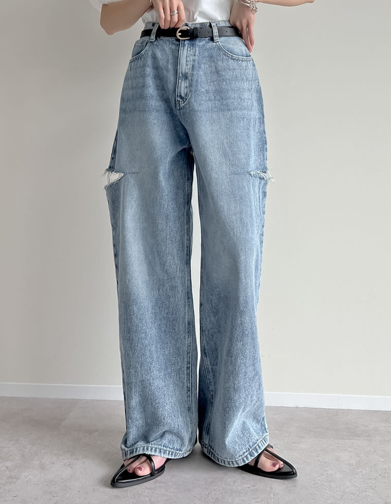 サイドスリットワイドストレートコットンデニムパンツ