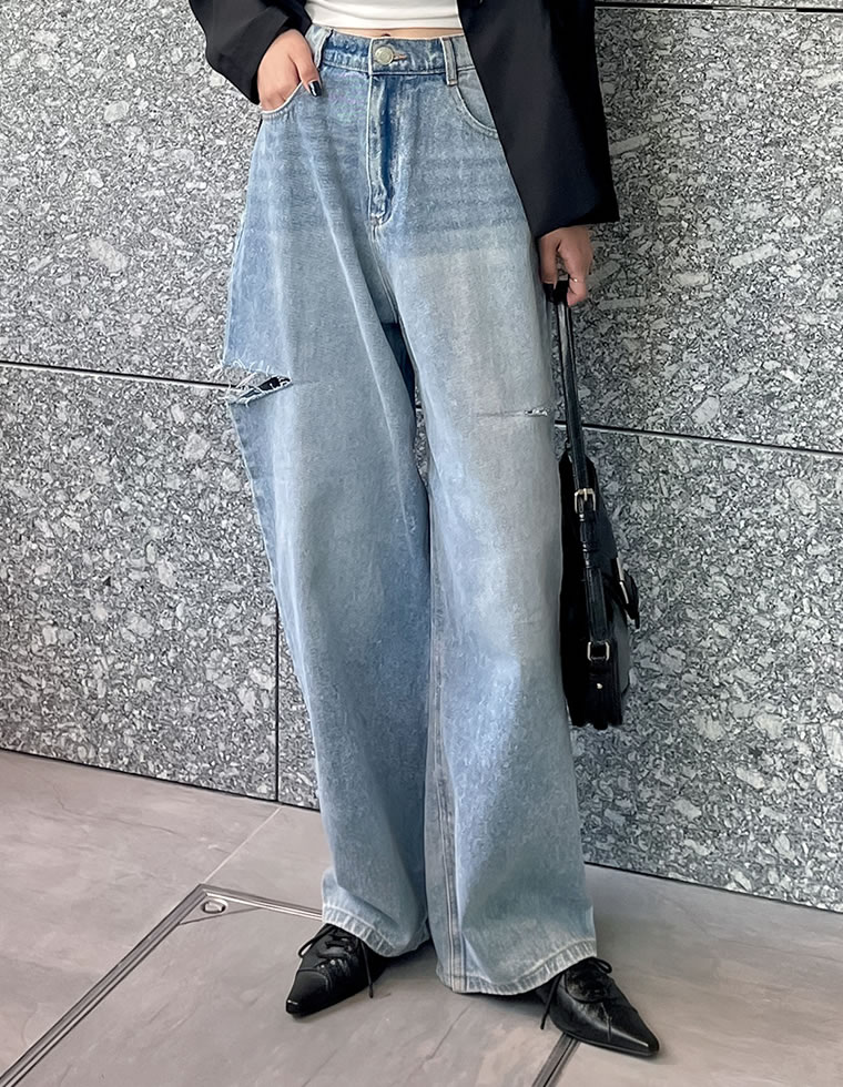 サイドスリットワイドストレートコットンデニムパンツ