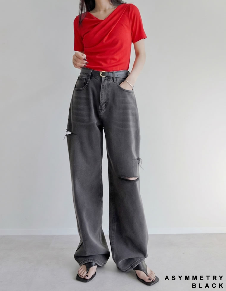 サイドスリットワイドストレートコットンデニムパンツ