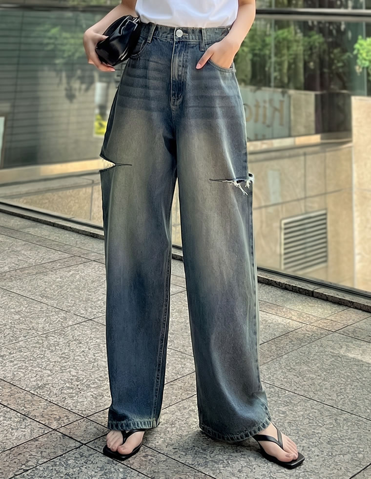 サイドスリットワイドストレートコットンデニムパンツ