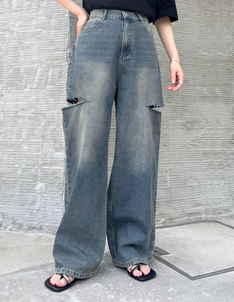サイドスリットワイドストレートコットンデニムパンツ