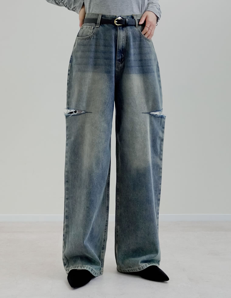 サイドスリットワイドストレートコットンデニムパンツ