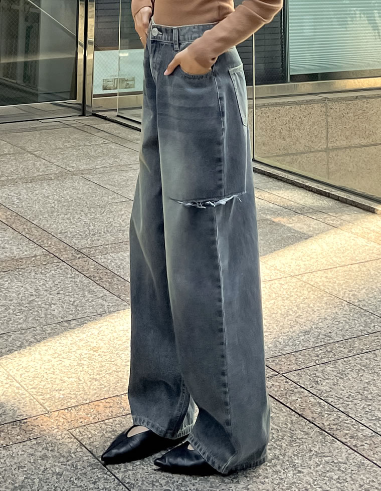 サイドスリットワイドストレートコットンデニムパンツ