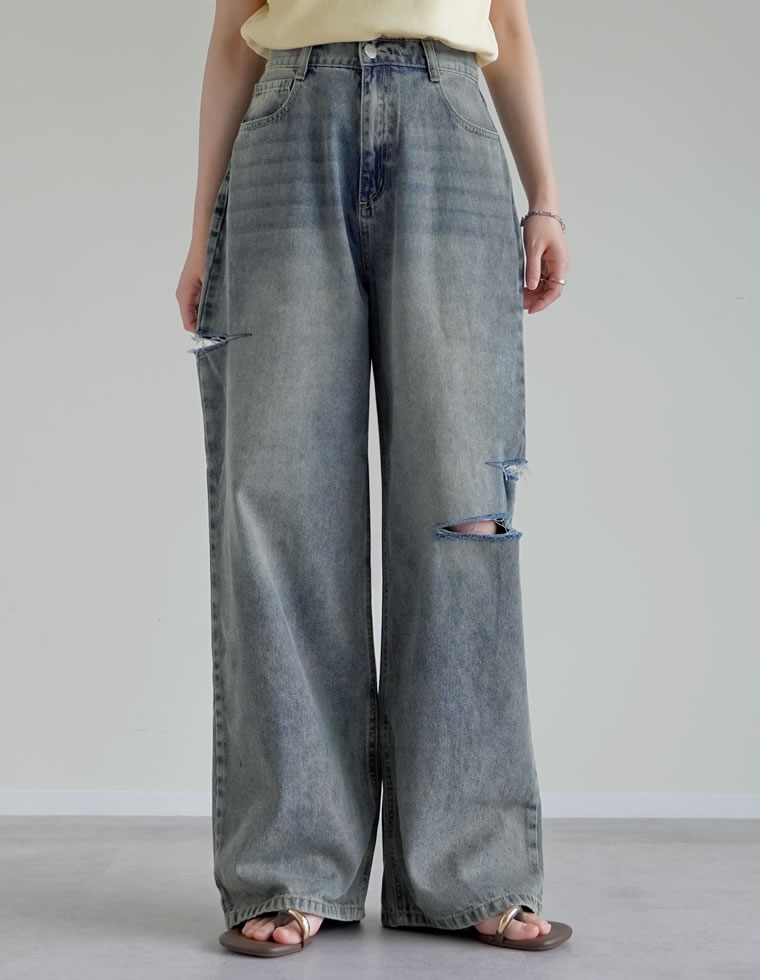 サイドスリットワイドストレートコットンデニムパンツ