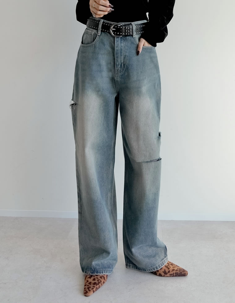 サイドスリットワイドストレートコットンデニムパンツ