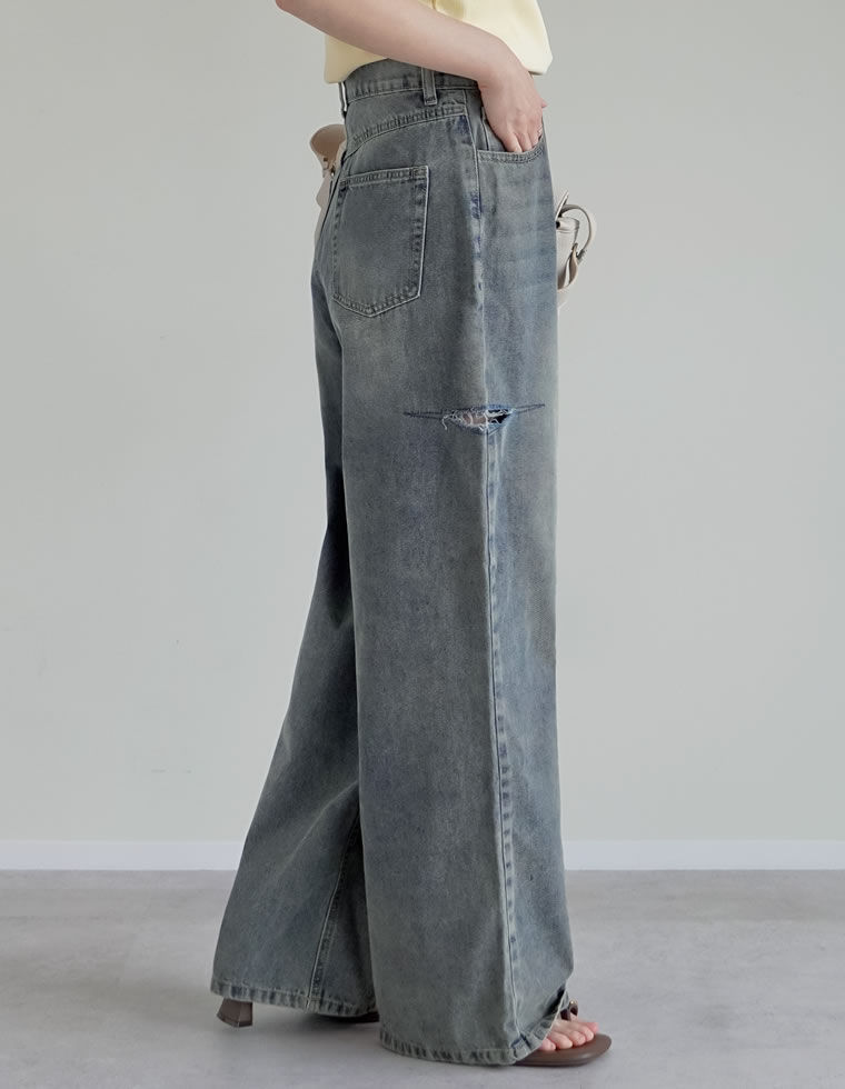 サイドスリットワイドストレートコットンデニムパンツ