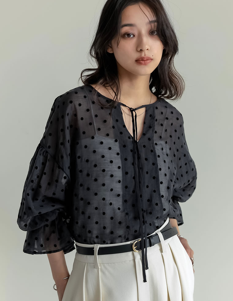 レース/シアー/フロッキードットカフタンシアーブラウス