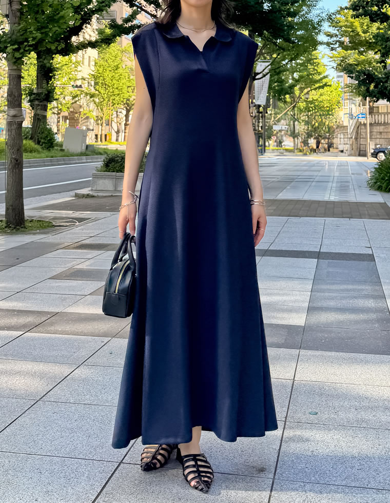 キーネックフレンチスリーブポロワンピース
