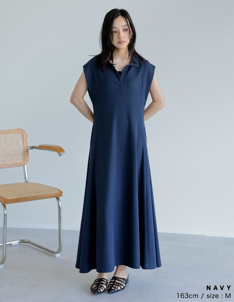 キーネックフレンチスリーブポロワンピース