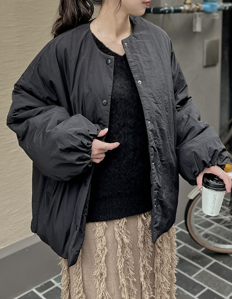 オーバーサイズサイドジップノーカラー中綿ジャケット