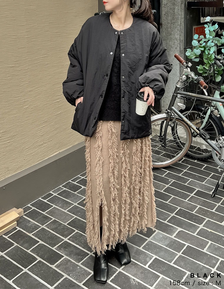 オーバーサイズサイドジップノーカラー中綿ジャケット