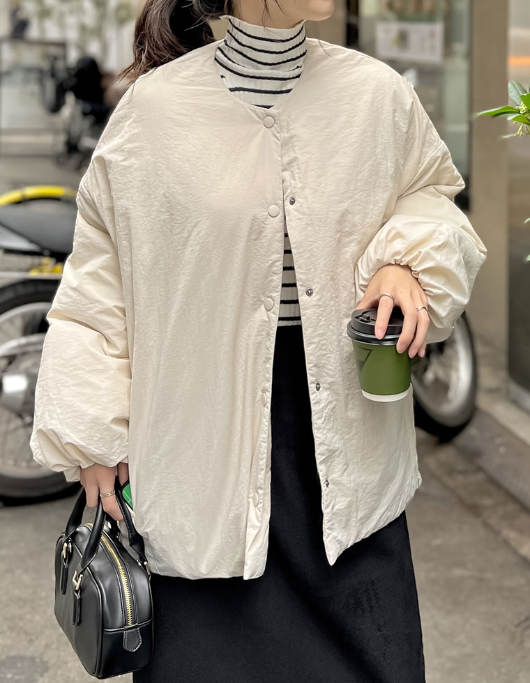 オーバーサイズサイドジップノーカラー中綿ジャケット