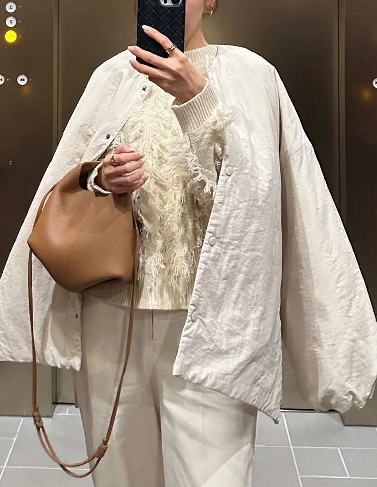 オーバーサイズサイドジップノーカラー中綿ジャケット