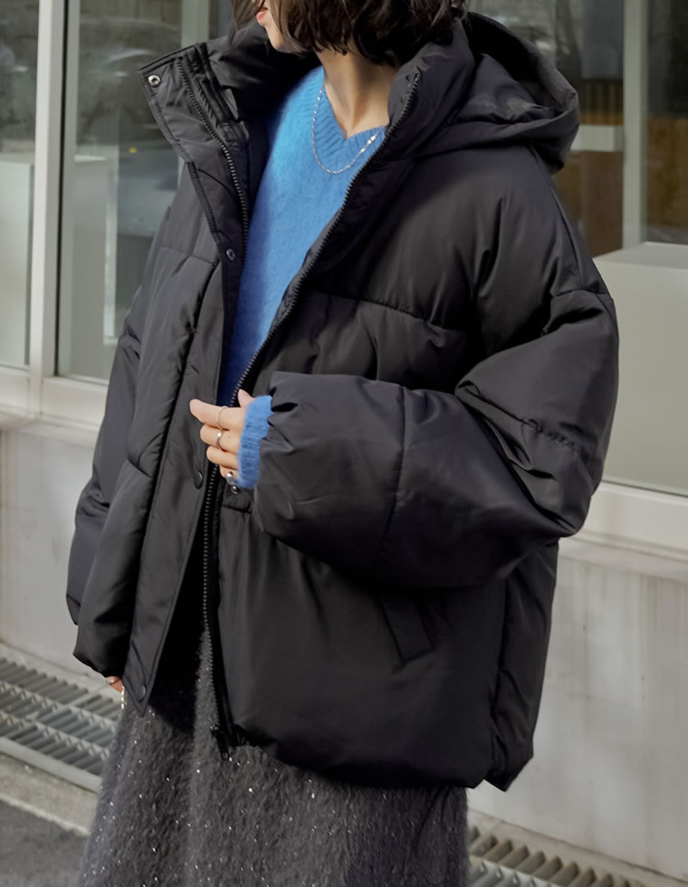 フード付きスタンドカラーフェイクダウン中綿ジャケット