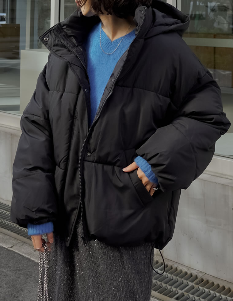 フード付きスタンドカラーフェイクダウン中綿ジャケット
