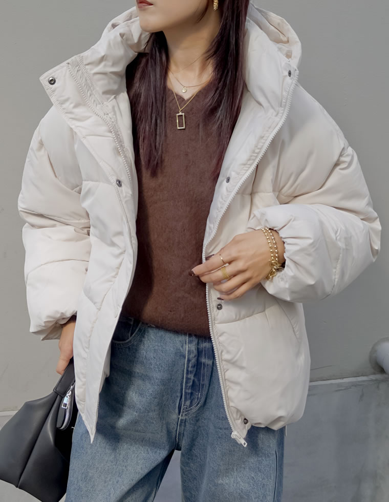 フード付きスタンドカラーフェイクダウン中綿ジャケット