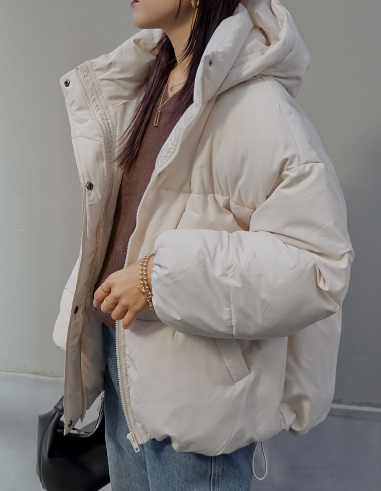 フード付きスタンドカラーフェイクダウン中綿ジャケット