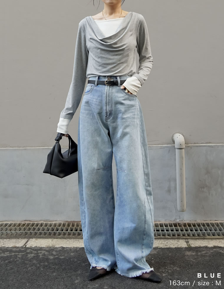 裾フリンジカーブデニムパンツ
