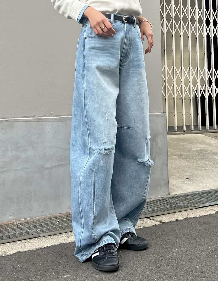 裾フリンジカーブデニムパンツ