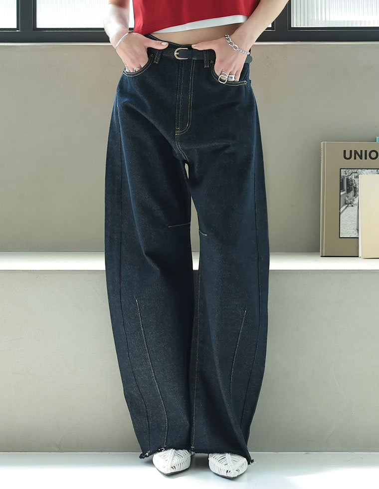 裾フリンジカーブデニムパンツ