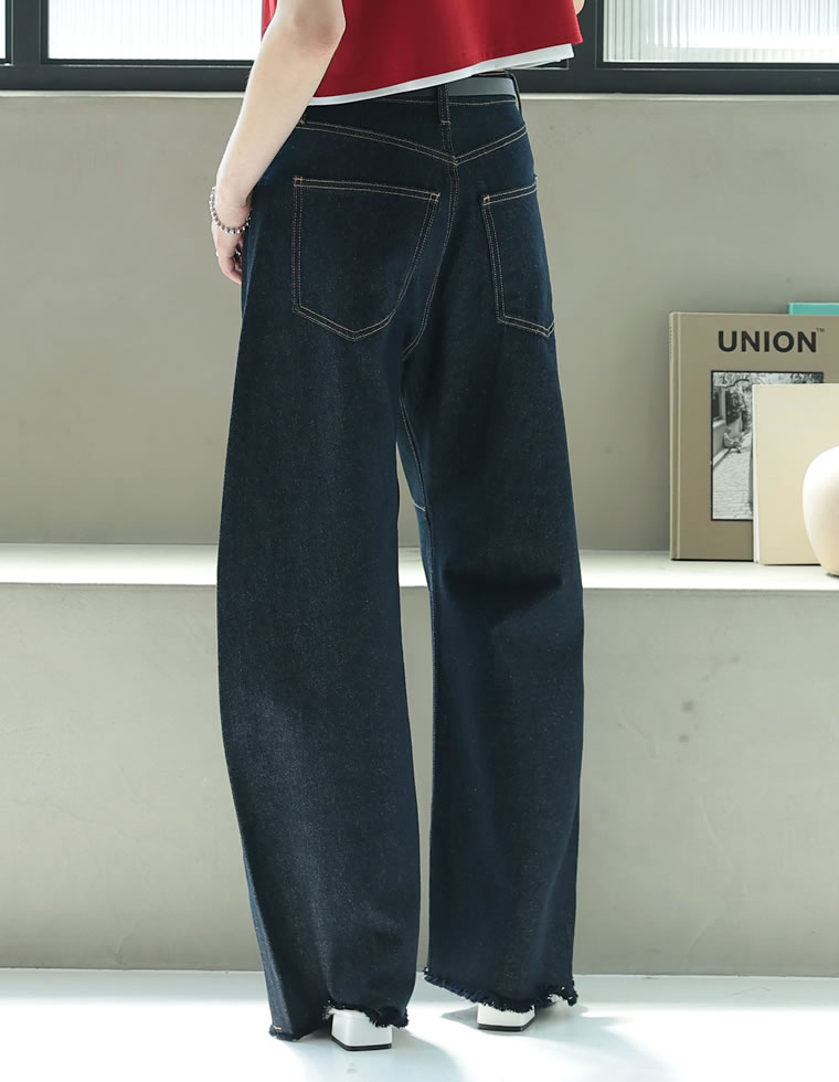 裾フリンジカーブデニムパンツ