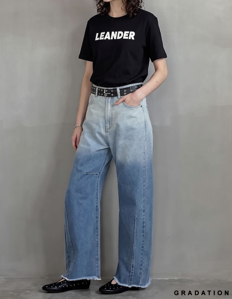 裾フリンジカーブデニムパンツ