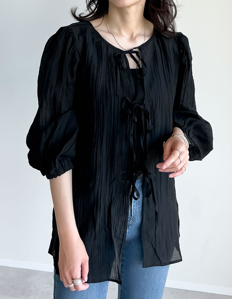 2WAY無地orフロッキードット柄シアー楊柳ボリュームスリーブブラウス