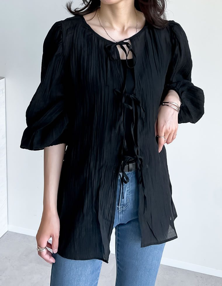 2WAY無地orフロッキードット柄シアー楊柳ボリュームスリーブブラウス